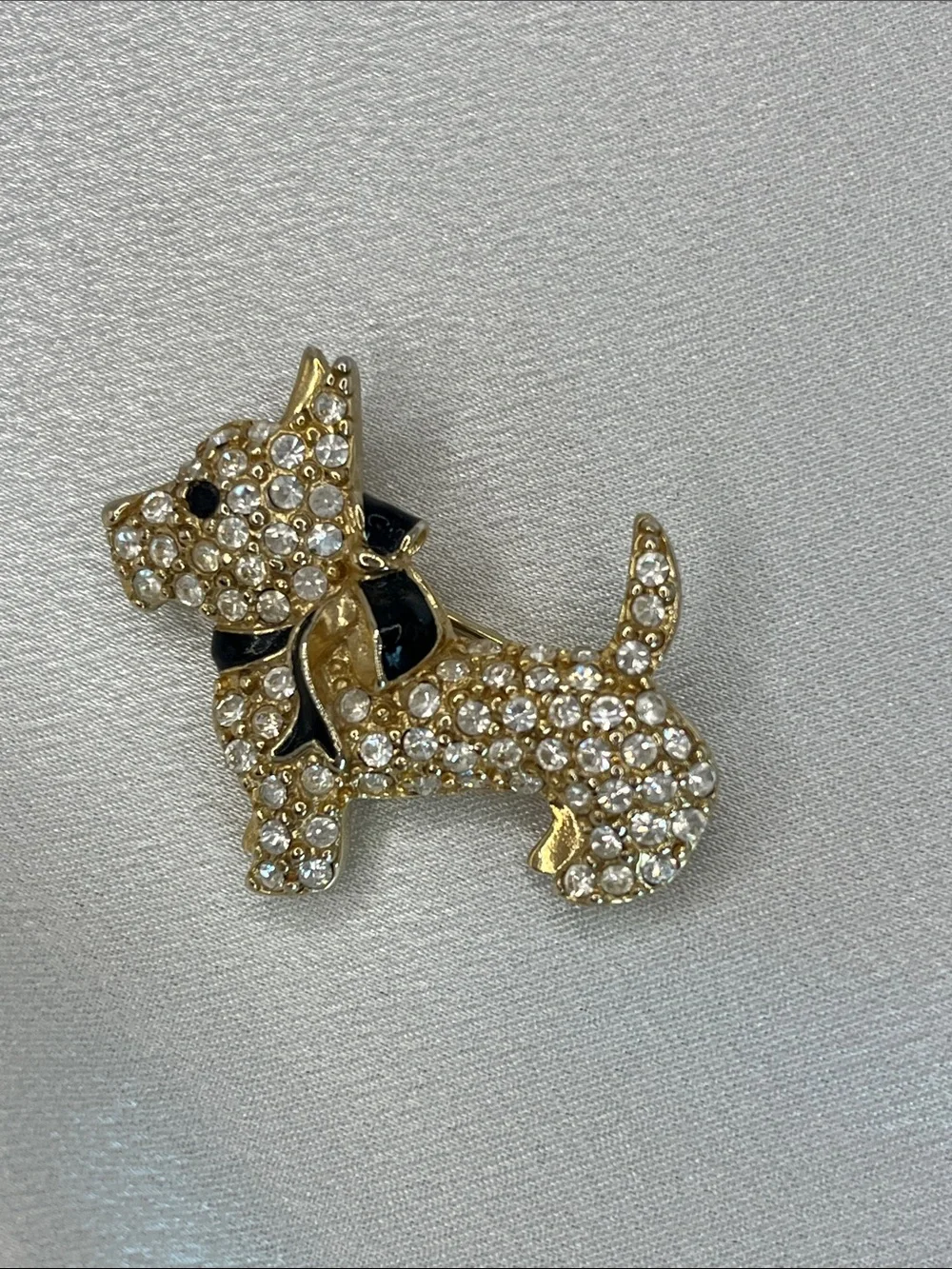 Monet Gold Crystal Scotty Dog Pin with Black Enamel Bow